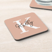 Modern Blush Pink Monogram Script Getränkeuntersetzer (Linke Seite)