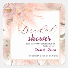 Modern blush pink pampas grass bridal brunch quadratischer aufkleber
