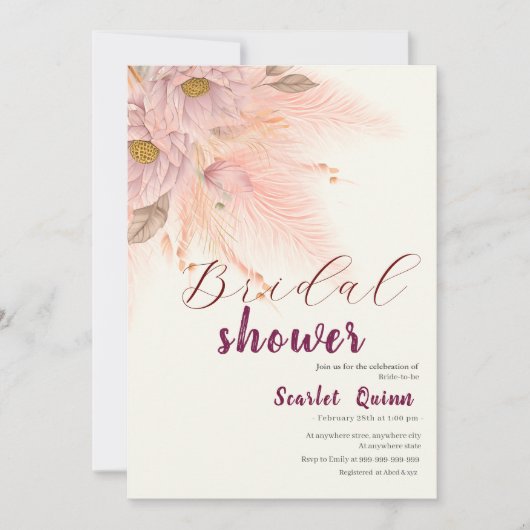 Modern blush pink pampas grass bridal shower einladung (Vorderseite)