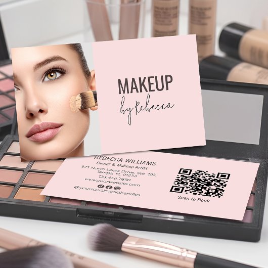 Modern Blush Pink Script Font QR Code Photo Makeup Visitenkarte