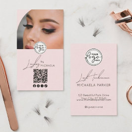 Modern Blush Pink Script Logo QR Code Photo Lashes Visitenkarte