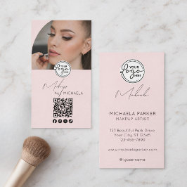 Modern Blush Pink Script Logo QR Code Photo Makeup Visitenkarte
