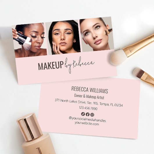 Modern Blush Pink Social Icons 3 Photo Makeup Visitenkarte