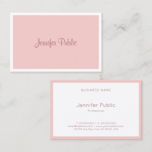 Modern Blush Pink White Elegant Handwriting Script Visitenkarte (Vorne/Hinten)