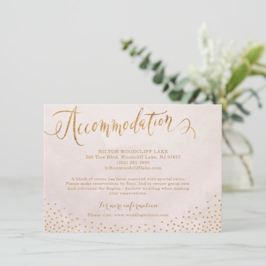Modern blush rose gold calligraphy accommodation begleitkarte (Stehend Vorderseite)