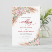 Modern Blush Roses Pampas Grass Floral Wedding Einladung (Stehend Vorderseite)