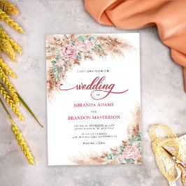 Modern Blush Roses Pampas Grass Floral Wedding Einladung