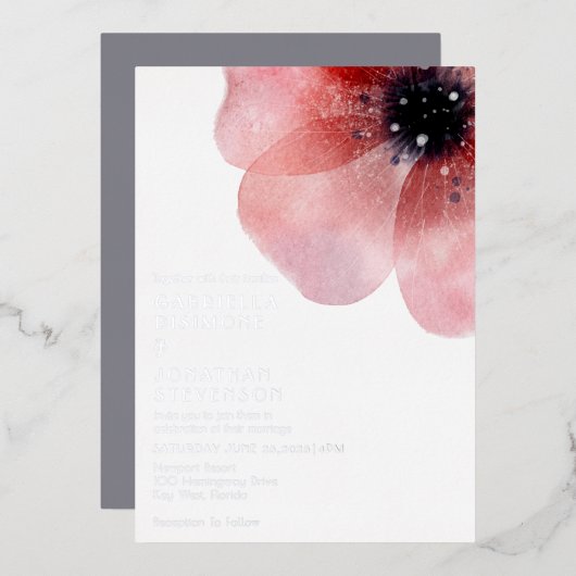 Modern Blush Watercolor Poppy Wedding Silver Folieneinladung (Vorderseite/Rückseite)