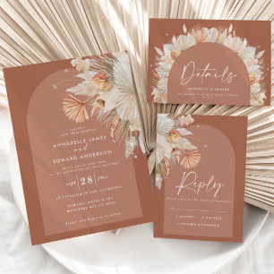 Modern bohemian terracotta pampas grass wedding RSVP karte