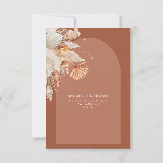 Modern bohemian terracotta pampas grass wedding RSVP karte (Rückseite)