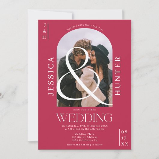 Modern Boho arch 2 Fotos Hochzeit Magenta Einladung (Vorderseite)