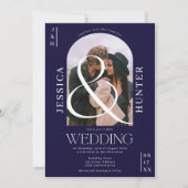 Modern Boho arch 2 Fotos Hochzeitmarineblau Einladung (Vorderseite)