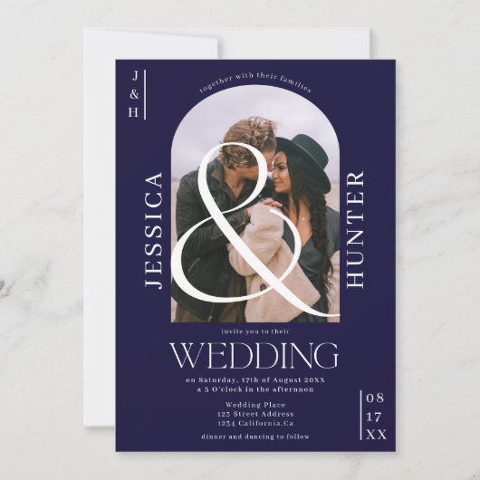 Modern Boho arch 2 Fotos Hochzeitmarineblau Einladung (Vorderseite)