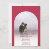 Modern Boho arch 4 Fotos Hochzeit Magenta Save The Date (Rückseite)