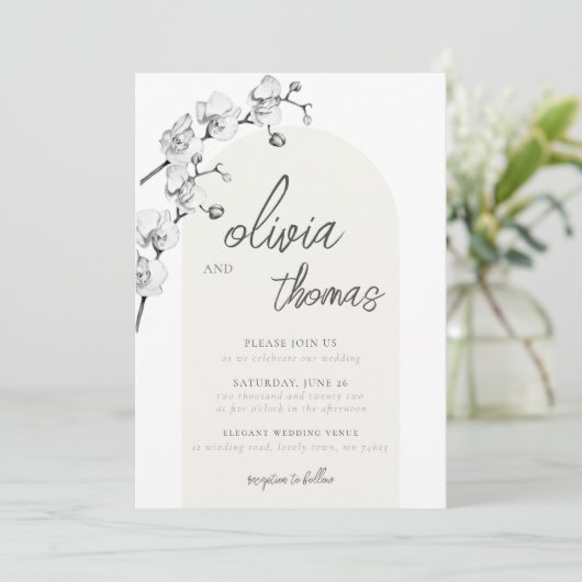 Modern Boho Arch Calligraphy Orchids Ivory Wedding Einladung (Stehend Vorderseite)