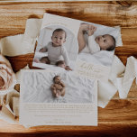 Modern Boho Arch | Cream Hello Baby 3 Foto Birth Ankündigung<br><div class="desc">Diese moderne Boho Boho Boccia hallo Baby 3 Foto Geburtsankündigungskarte macht die perfekte Babyankündigung für Jungen oder Mädchen. Das bohemianische Creme- und Golddesign besticht durch eine einzigartige, Vintage Schrift mit minimalistischem Stil. Personalisieren Sie die Kartenvorderseite mit 2 Fotos Ihres Neugeborenen, dem Namen Ihres Babys und den Geburtsstatistiken. Fügen Sie auf...</div>