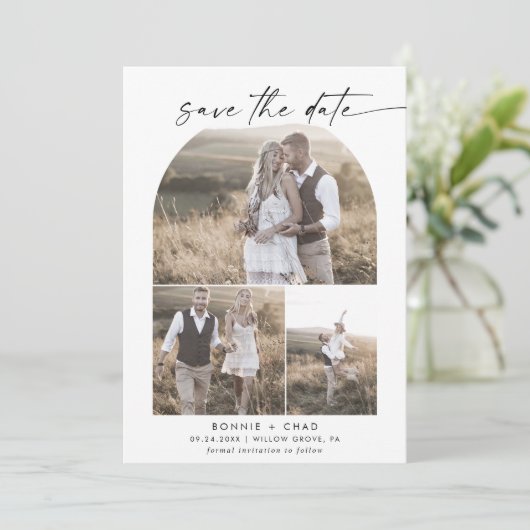 Modern Boho Arch Foto Collage Save The Date (Stehend Vorderseite)