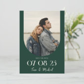 Modern Boho Arch Foto Emerald Green Wedding Save The Date (Stehend Vorderseite)