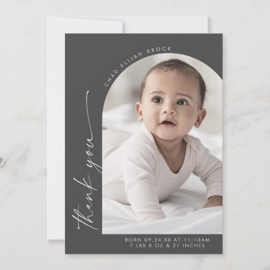 Modern Boho Arch | Graue Dankbarkeit Foto Birth Ankündigung (Vorderseite)