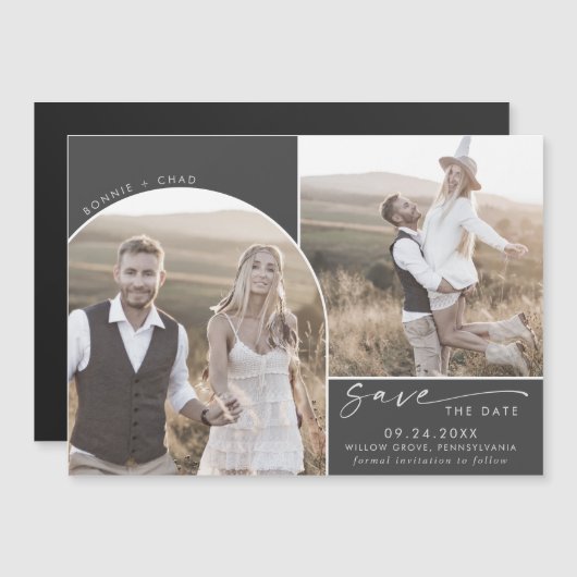 Modern Boho Arch | Graues 2 Foto Save the Date Magneteinladung (Vorne/Hinten)
