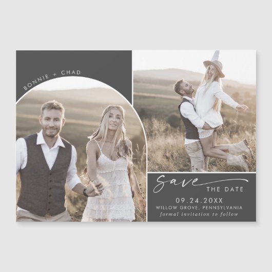 Modern Boho Arch | Graues 2 Foto Save the Date Magneteinladung (Vorderseite)