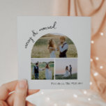 Modern Boho Arch Green Merry & Verheiratet Drei Fo Feiertagskarte<br><div class="desc">Feiern Sie die Saisonfreuden mit dieser modernen boho arch green merry & verheirateten Drei-Foto-Urlaubskarte. Das einzigartige und chic bearbeitbare Skript schafft eine Touch von Charme und Individualität. Das schlichte, elegante Schwarz-Weiß-Design mit einem klassischen böhmischen Bogen erinnert an ein skurriles Winterambiente. Der minimale und zarte festliche Schriftart verleiht Kreativität und Charme....</div>