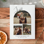 Modern Boho Arch Joyful Drei Fotos Weihnachten<br><div class="desc">Feiern Sie die Freude der Saison mit dieser modernen Boho Boho Boyful drei Foto Weihnachtskarte. Das einzigartige und chic bearbeitbare Skript schafft eine Touch von Charme und Individualität. Das schlichte, elegante Schwarz-Weiß-Design mit einem klassischen böhmischen Bogen erinnert an ein skurriles Winterambiente. Der minimale und zarte festliche Schriftart verleiht Kreativität und...</div>