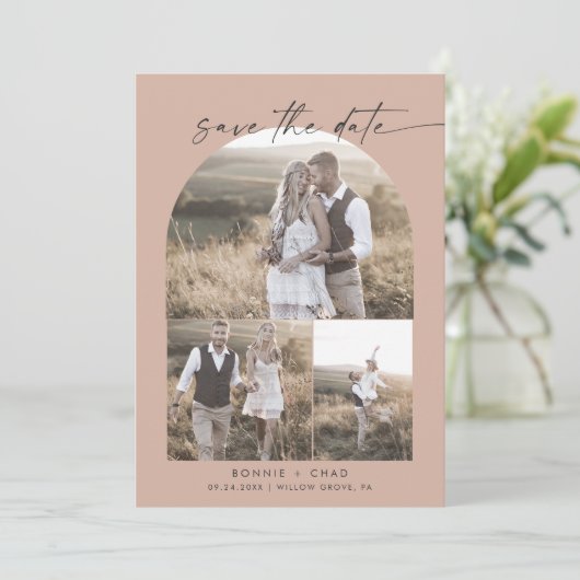 Modern Boho Arch | Lachs QR-Code FotoCollage Save The Date (Stehend Vorderseite)