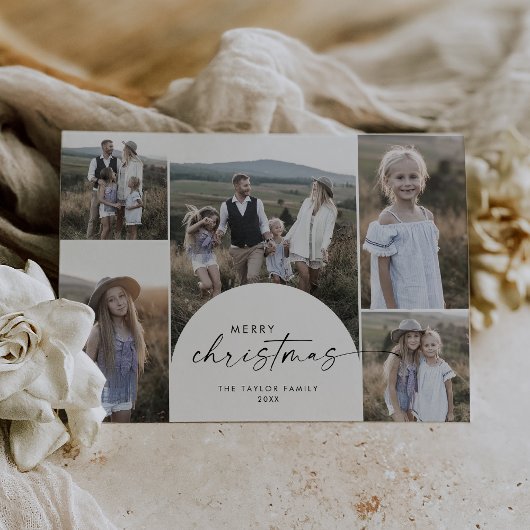 Modern Boho Arch Multi Photo Merry Christmas Feiertagskarte