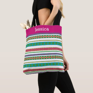 Modern Boho Aztec Tribal Strip Pink Monogramm Name Tasche