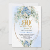 Modern Boho Blue Floral Gold 90th Birthday Invite Einladung (Vorderseite)