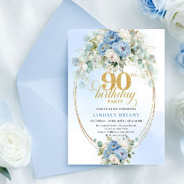 Modern Boho Blue Floral Gold 90th Birthday Invite Einladung
