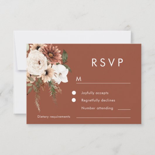 Modern Boho Blume Terracotta Wedding RSVP Karte (Vorderseite)
