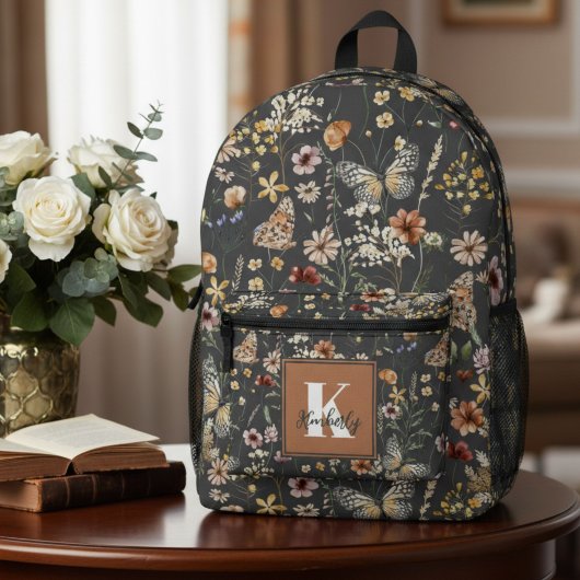 Modern Boho Blumige Monogramm-Name Bedruckter Rucksack