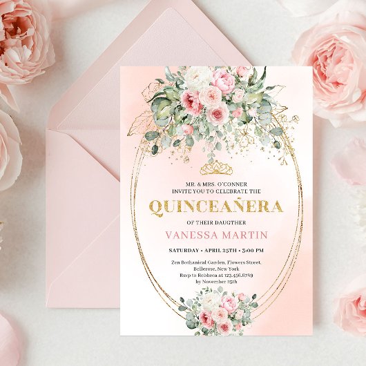 Modern Boho Blush Floral Quinceañera Invitation Einladung