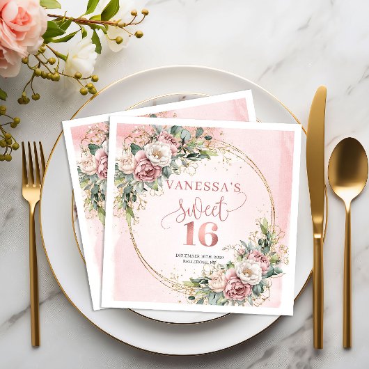 Modern Boho Blush Pink Greenery Sweet 16 Napkins Serviette