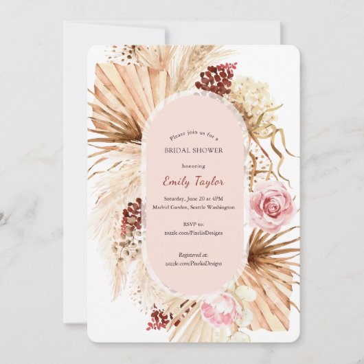 Modern Boho Blush Pink Pampas Grass Floral Bridal Einladung (Vorderseite)