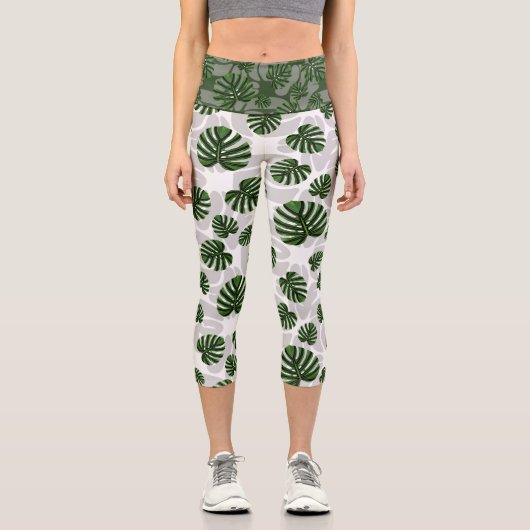 Modern Boho Botanical Leaves Pattern Capri Leggings (Vorderseite)