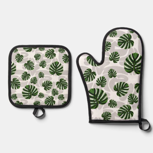 Modern Boho Botanical Leaves Pattern Ofenhandschuh & Topflappen-Set (Vorderseite)