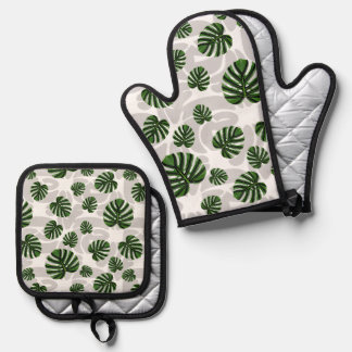 Modern Boho Botanical Leaves Pattern Ofenhandschuh & Topflappen-Set