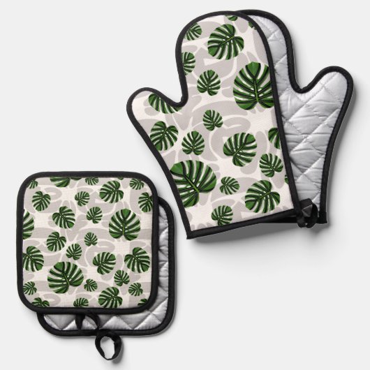 Modern Boho Botanical Leaves Pattern Ofenhandschuh & Topflappen-Set (Vorderseite/Rückseite)