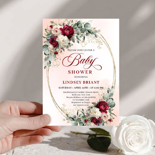 Modern Boho Burgundy and Gold Baby Shower Invite Einladung