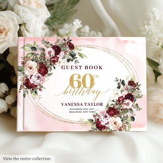 Modern Boho Burgundy Blush Floral 60th Guest Book Gästebuch