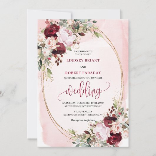 Modern Boho Burgundy Blush Gold Floral Invitation Einladung (Vorderseite)