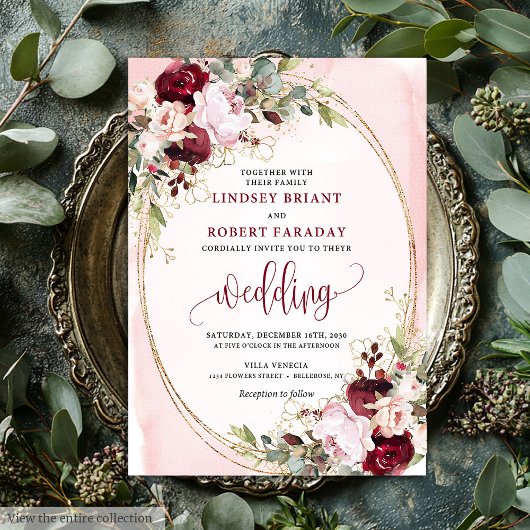 Modern Boho Burgundy Blush Gold Floral Invitation Einladung