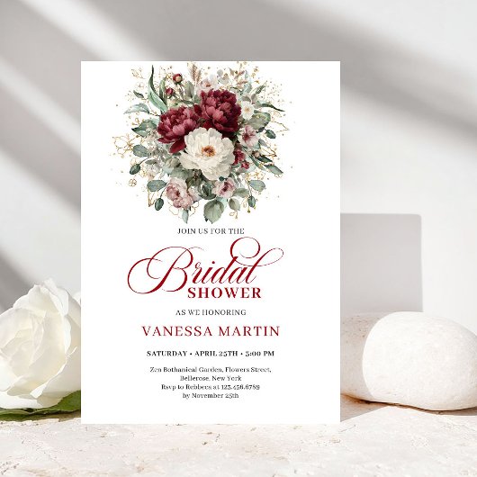 Modern Boho Burgundy Eucalyptus Gold Bridal Shower Einladung