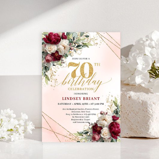 Modern Boho Burgundy Floral 70 Years Young Invite Einladung