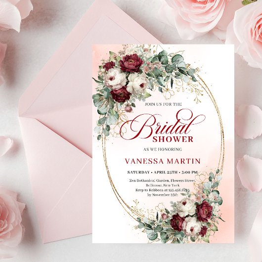 Modern Boho Burgundy Gold Eucalyptus Bridal Shower Einladung