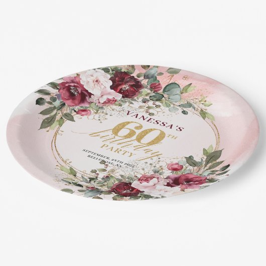 Modern Boho Burgundy Greenery Gold 60th Birthday Pappteller (Schrägansicht)