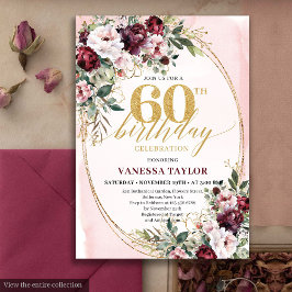 Modern Boho Burgundy Roses 60th Birthday Invite Einladung